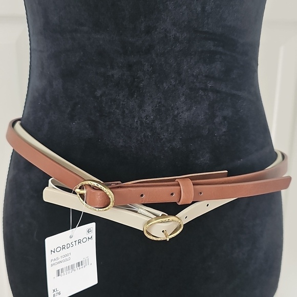 Linea Pelle Accessories - New Nordstrom Set Of 2 Hammered Buckle Faux Leather Belts Brown/Gold XLarge